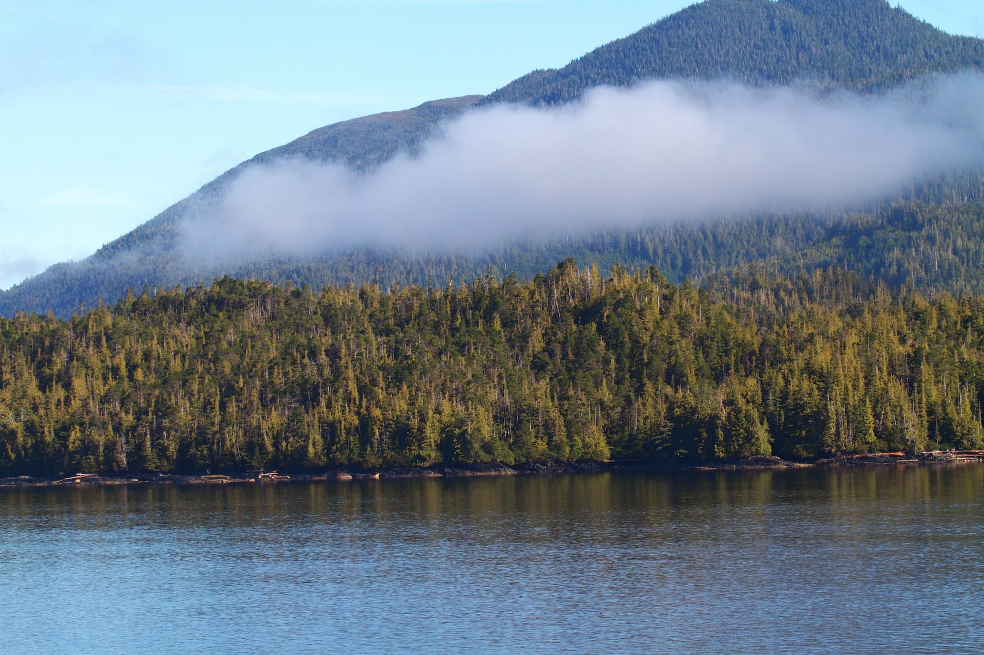 A forested mountain rises behind a calm body of water, with a band of low clouds partially covering the mountain slope.